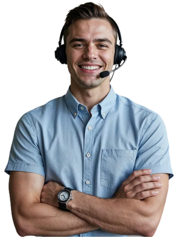 Atendente de headset, sorrindo de braços cruzados.