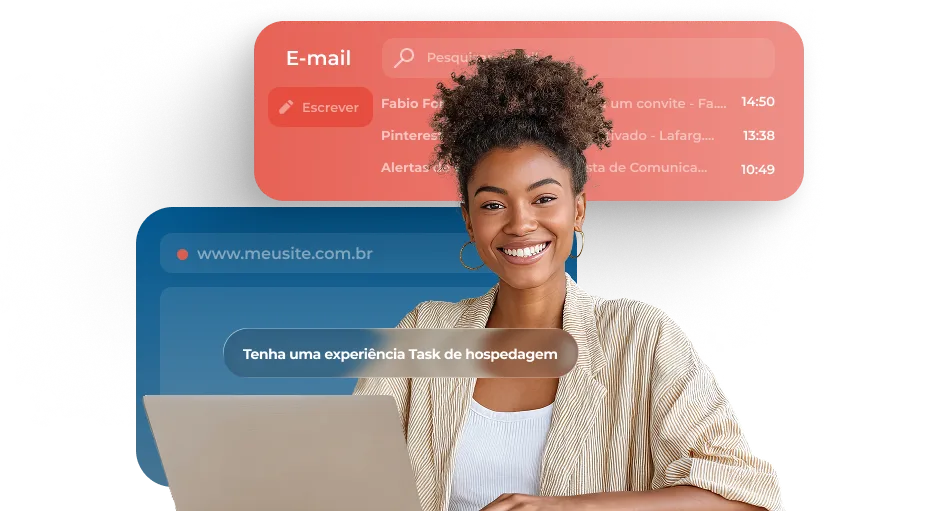 Mulher sorrindo no notebook, com cartões de e-mail e de site e a frase Tenha uma experiência Task de hospedagem.