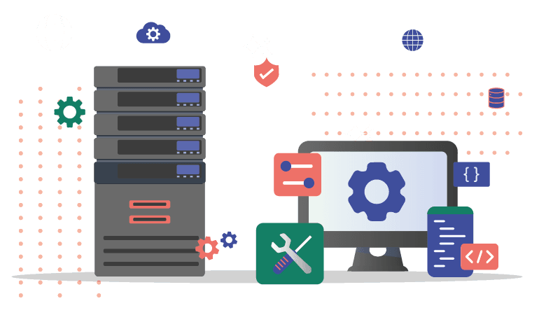 Benefício 2 Ilustração com torre de servidores e monitor exibindo engrenagem, acompanhados de ícones de configuração e programação, representando gestão e manutenção de servidores.