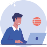 Motivo 3 Ilustração gráfica de uma pessoa digitando em um notebook, com um globo representando conexão global ou navegação na internet.