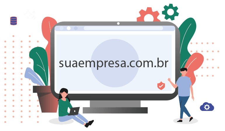 Registro domínio 1 Ilustração gráfica de um monitor com o texto suaempresa.com.br centralizado na tela, cercado por pessoas e engrenagens ao redor, simbolizando o conceito de domínio e gestão de presença online.