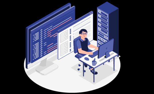 Benefícios da hospedagem virtual da Task Ilustração de uma pessoa usando um computador em uma mesa de trabalho e ao seu redor, como plano de fundo, telas de navegadores