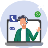 Comercial Ilustração de atendente com headset em frente a um notebook, com ícones de telefone e WhatsApp, representando o setor comercial.