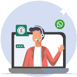 Financeiro Ilustração de atendente com headset em frente a um notebook, com ícones de mensagens e WhatsApp, representando o setor financeiro.