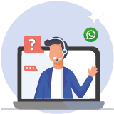 Suporte Ilustração de atendente com headset em frente a um notebook, com ícones de dúvida e WhatsApp, representando o suporte técnico.