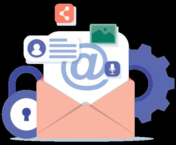 Benefícios da hospedagem de e-mail corporativo da Task Ilustração de um envelope aberto com um símbolo de @ saindo dele e outros ícones simulando configuração de e-mail