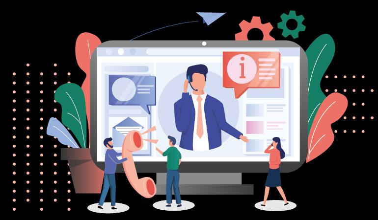 Benefícios da hospedagem de site da Task Ilustração de tela de computador com pessoas simulando um atendimento virtual
