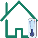 Ambiente climatizado Ícone de uma casa com termômetro ao lado, representando ambiente climatizado e com controle de temperatura.