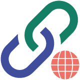 Link Dedicado Ícone de dois elos de corrente conectados, com um globo vermelho ao lado, representando link dedicado à internet.