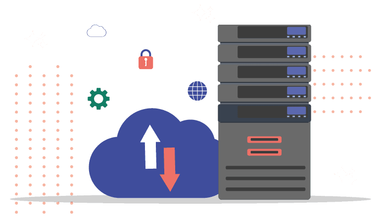 Hosting server Ilustração de uma nuvem com duas setas, uma apontando para baixo e a outra para cima, dentro dela. A nuvem está posicionada atrás de um servidor, com elementos como uma engrenagem, um cadeado e um globo sobrevoando ao redor