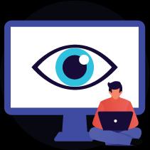 Auditoria e monitoramento Ilustração de uma tela de computador grande com um homem sentado à frente utilizando um notebook.