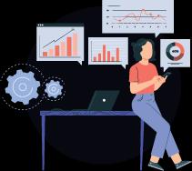 Confirmação, relatórios e gráficos Ilustração de uma mulher em pé e encostada na mesa, utilizando o celular. Sobre a mesa, um notebook aberto.