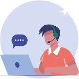 Motivo 1 Ilustração gráfica de uma pessoa com headset atendendo no computador, com balão de conversa ao lado, representando atendimento ao cliente ou suporte técnico.
