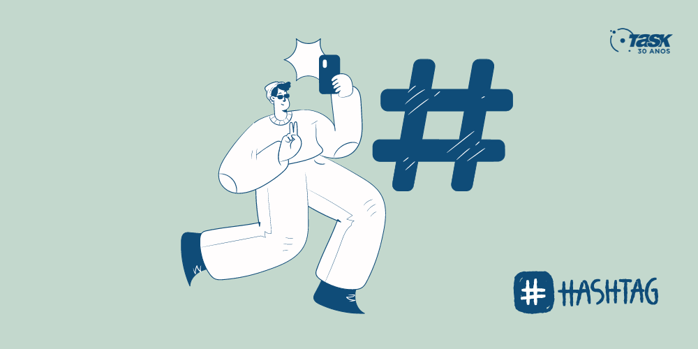 Ilustração de um homem segurando o celular e uma hashtag do lado.